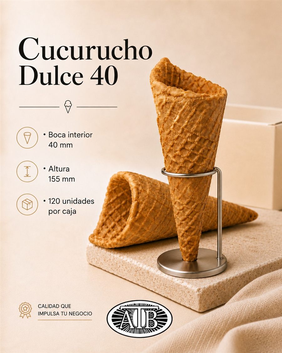 Cucurucho Dulce 40 ATB, boca interior 40 mm, altura 155 mm, 120 unidades por caja